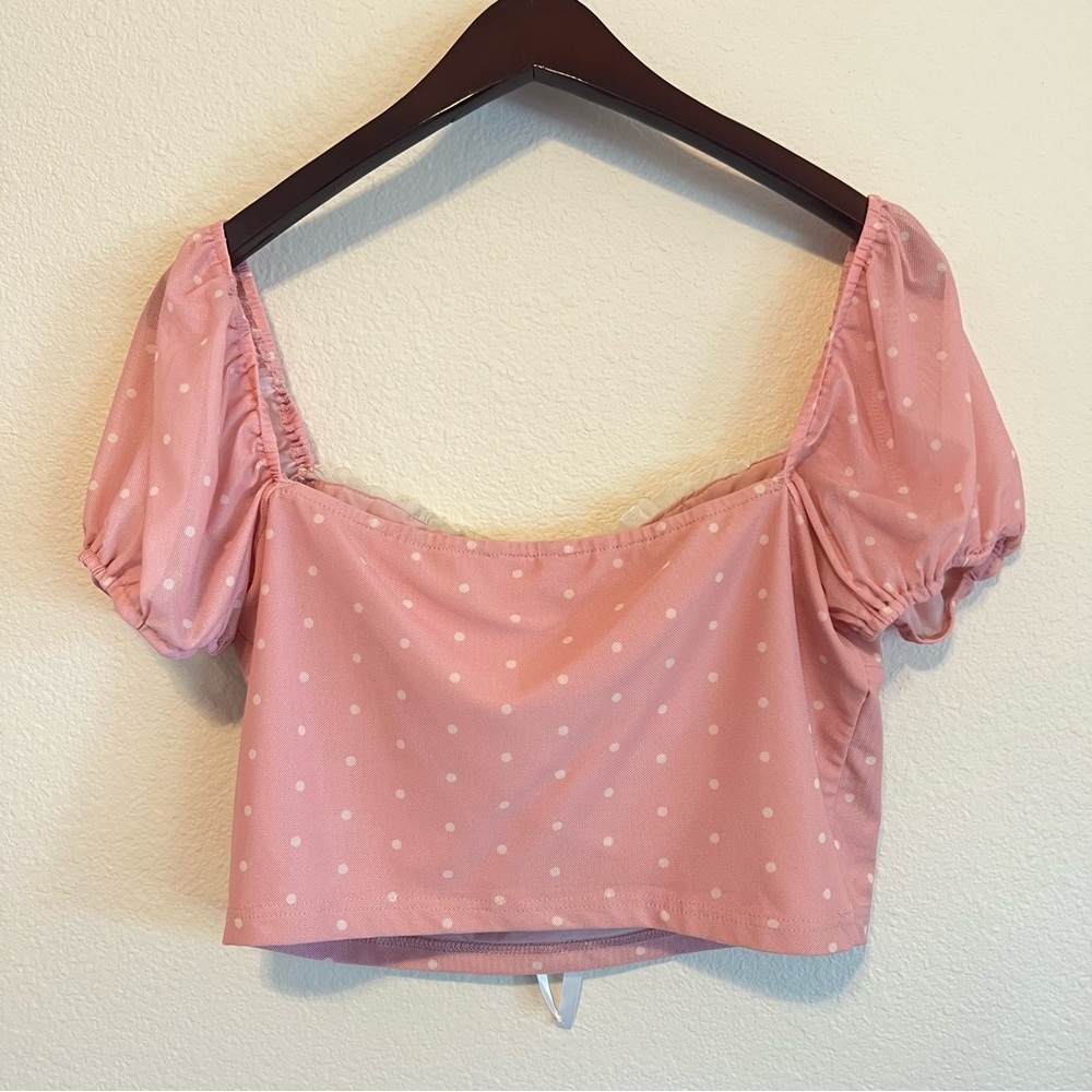 Sugar Thrillz lined mesh crop top, pink with white polka dots, puff short sleeve - Picture 6 of 13